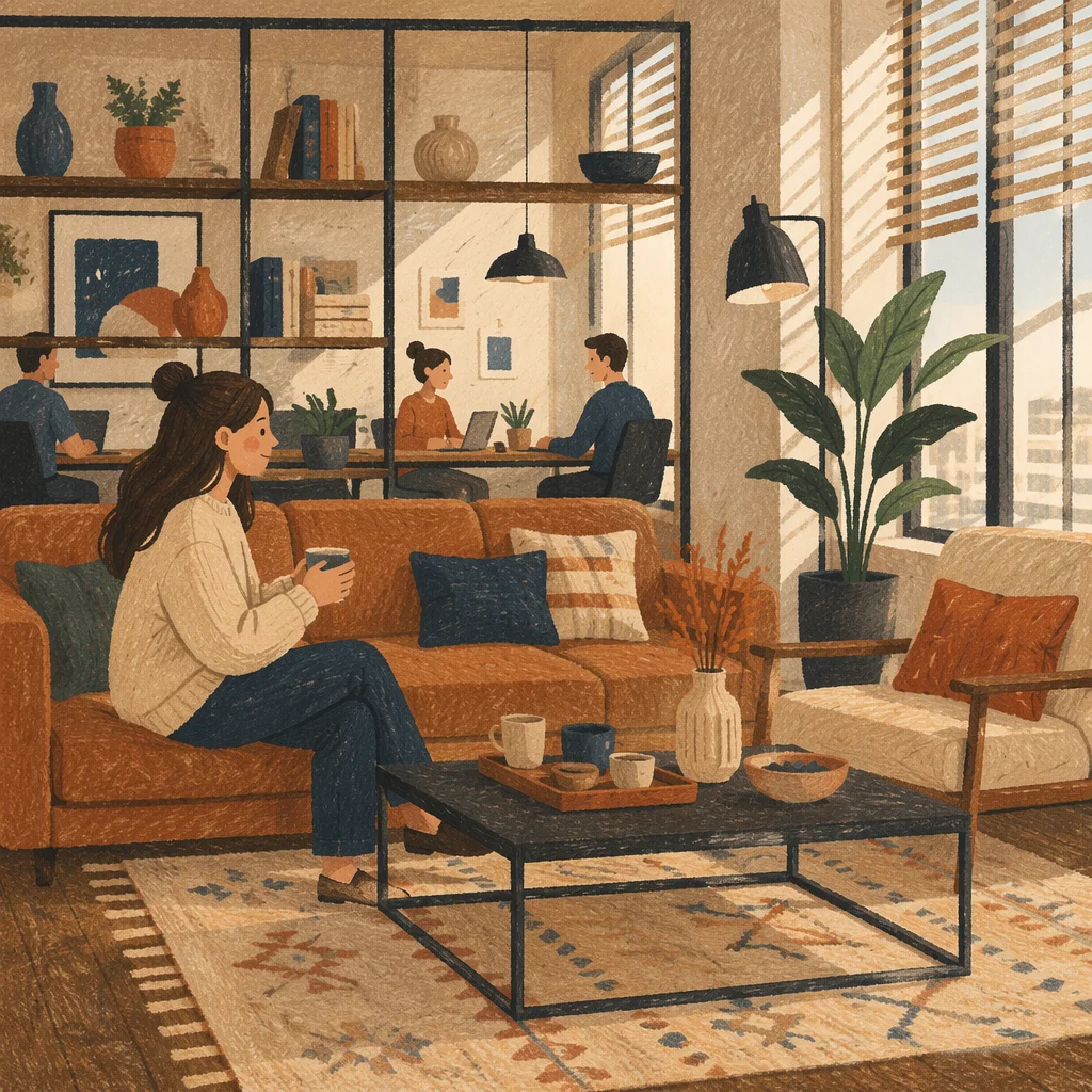 Upscale Coworking Lounge with Leather Sofa