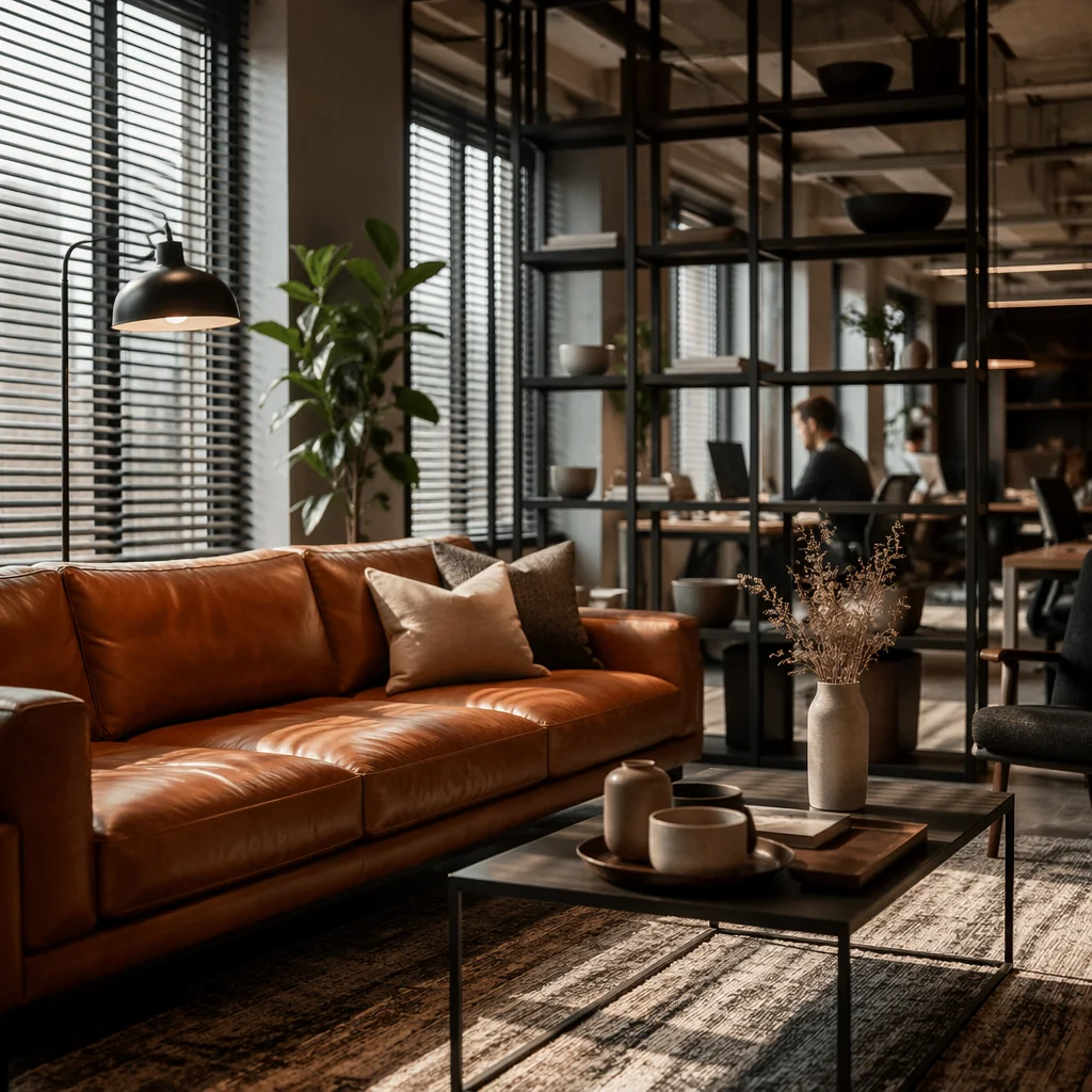 Upscale Coworking Lounge with Leather Sofa