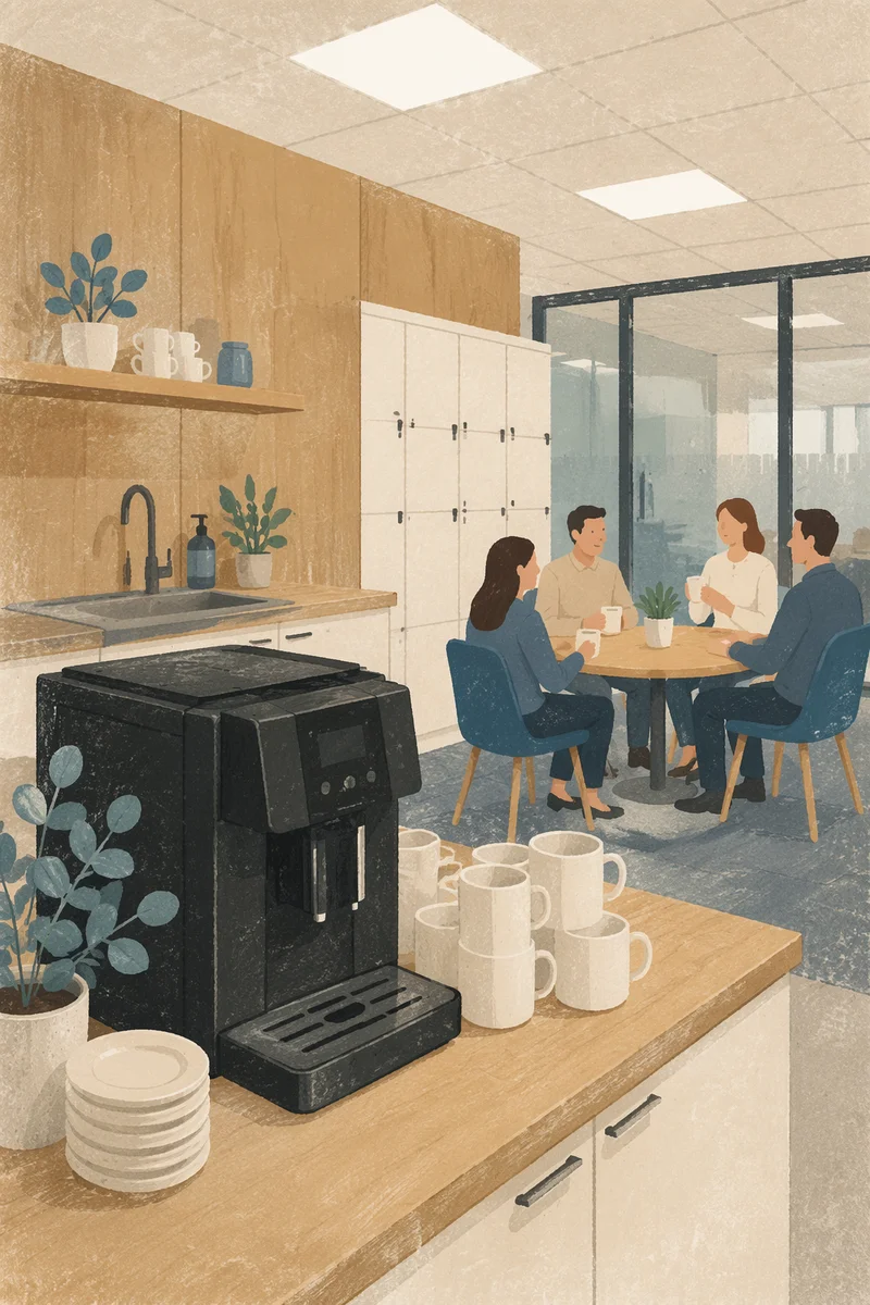 Office Break Room Coffee Machine and Mugs