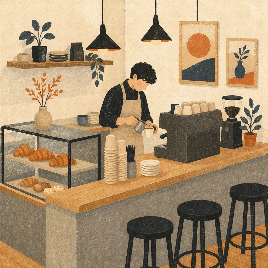Warm Minimalist Cafe Counter with Barista