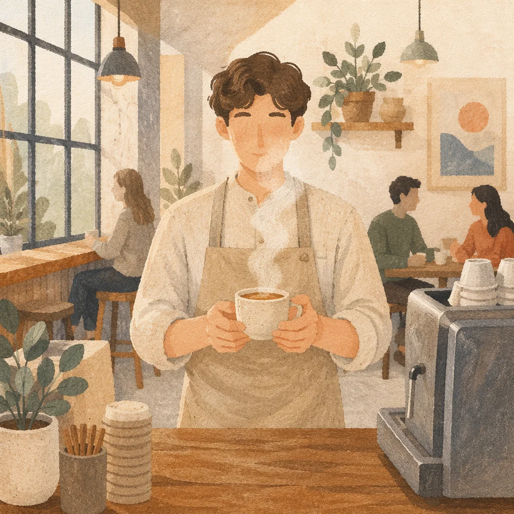 Welcoming Barista at Bright Cafe Counter