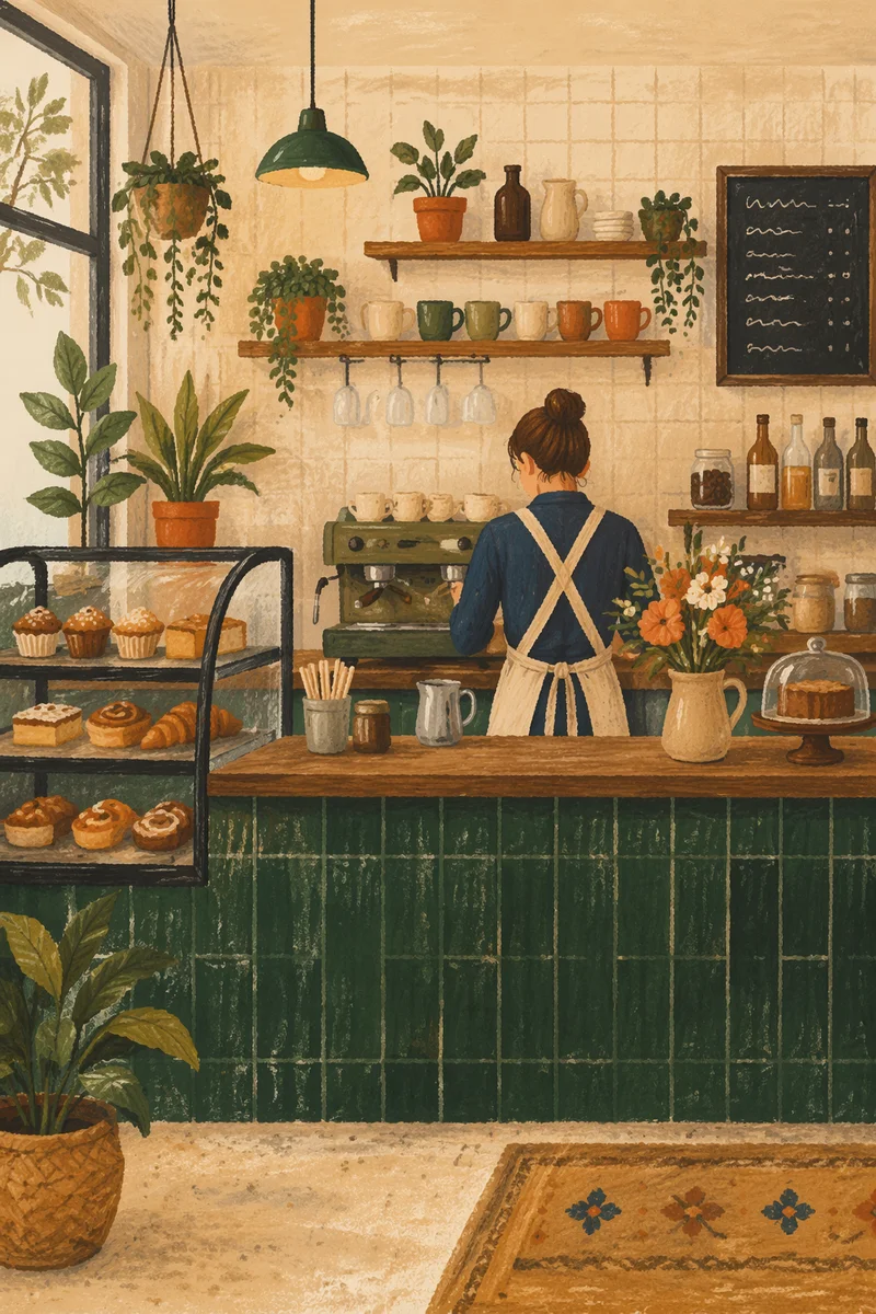 Cozy Coffee Shop Counter with Barista
