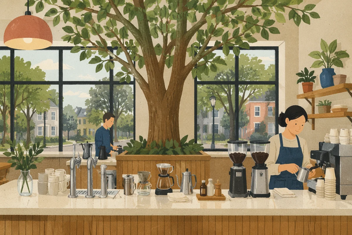 Modern Cafe Barista Counter with Indoor Tree