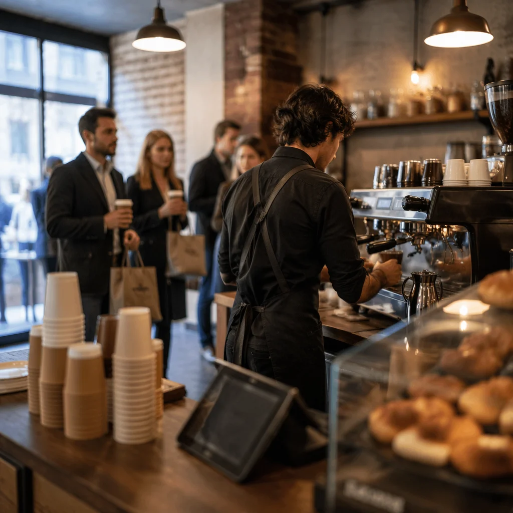 Morning Barista Rush at Coffee Counter