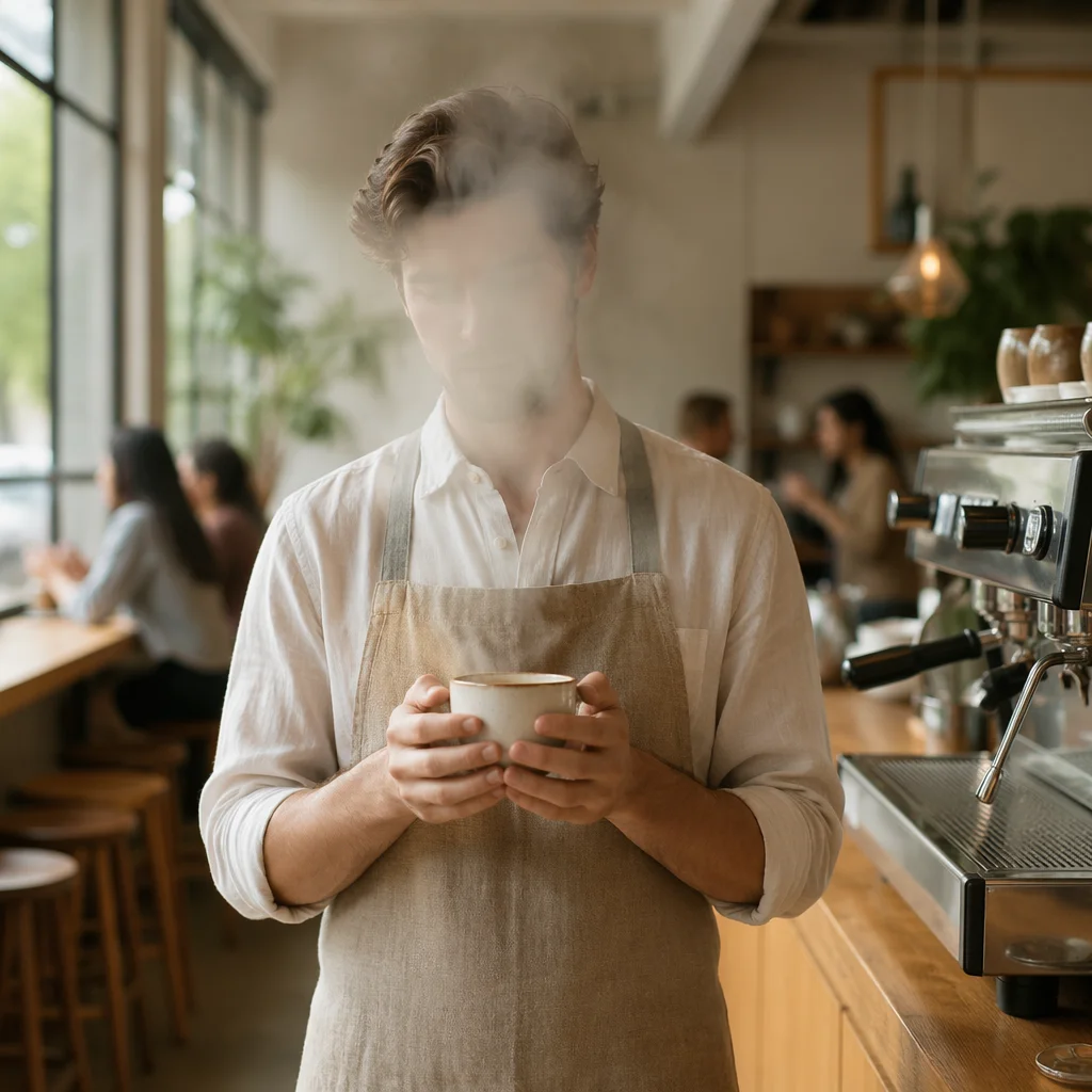 Welcoming Barista at Bright Coffee Shop Counter
