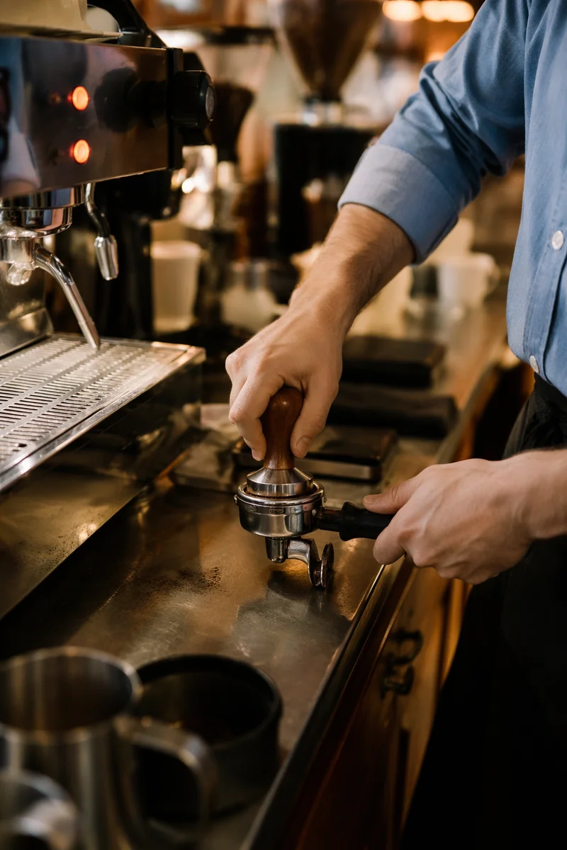 Barista Preparing Espresso at Busy Cafe Counter