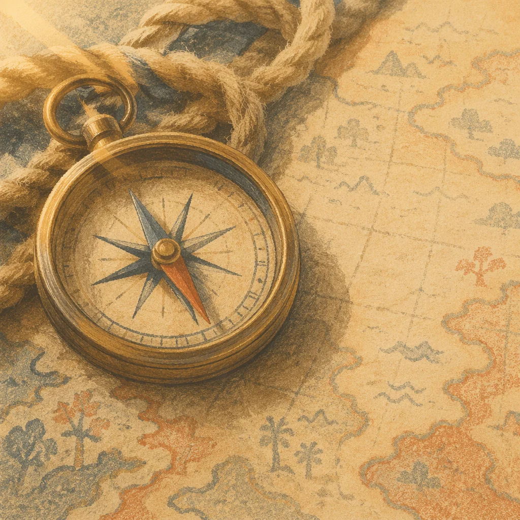 Antique Compass on Vintage Map Direction