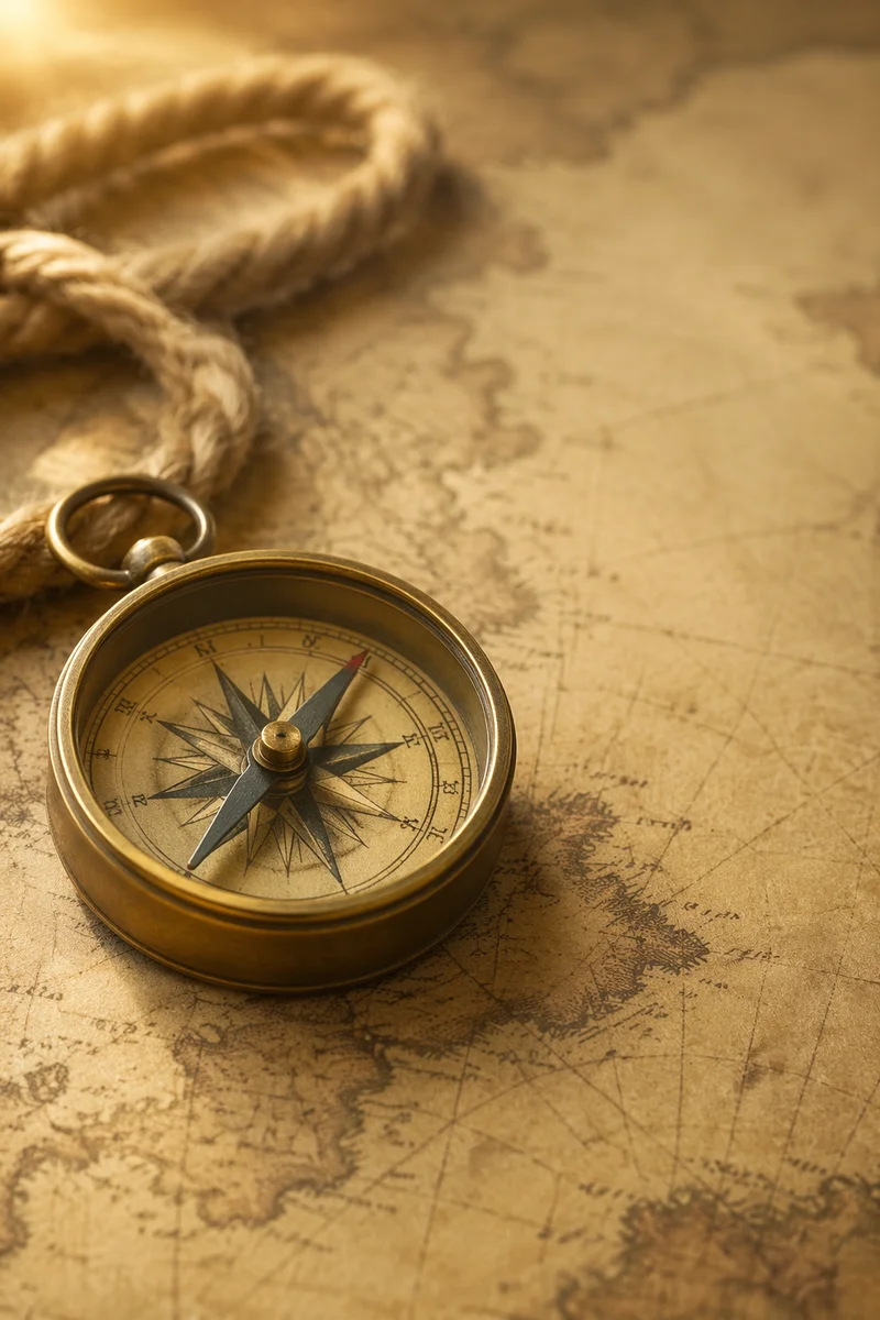 Antique Compass on Vintage Map Direction