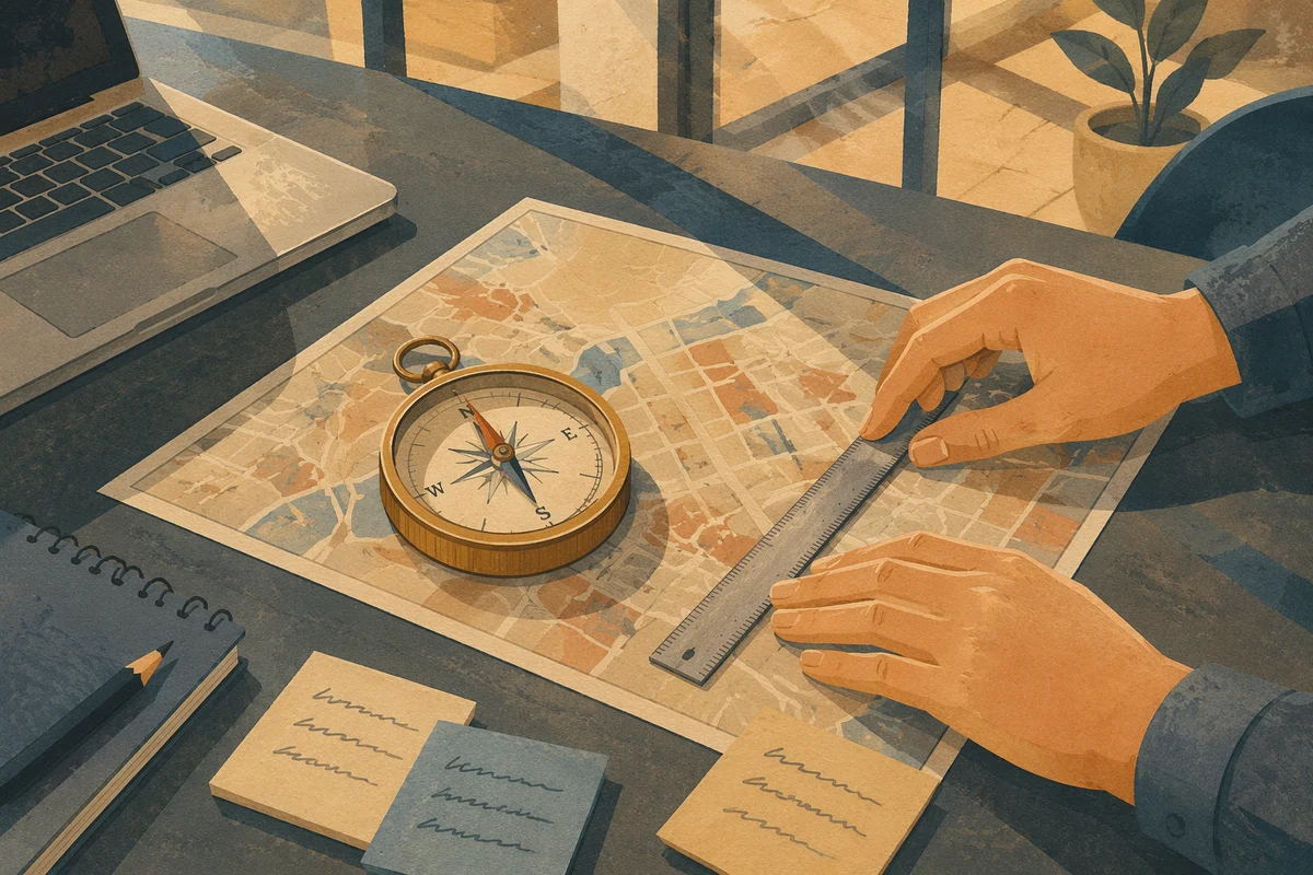 Brass Compass on City Map Strategy