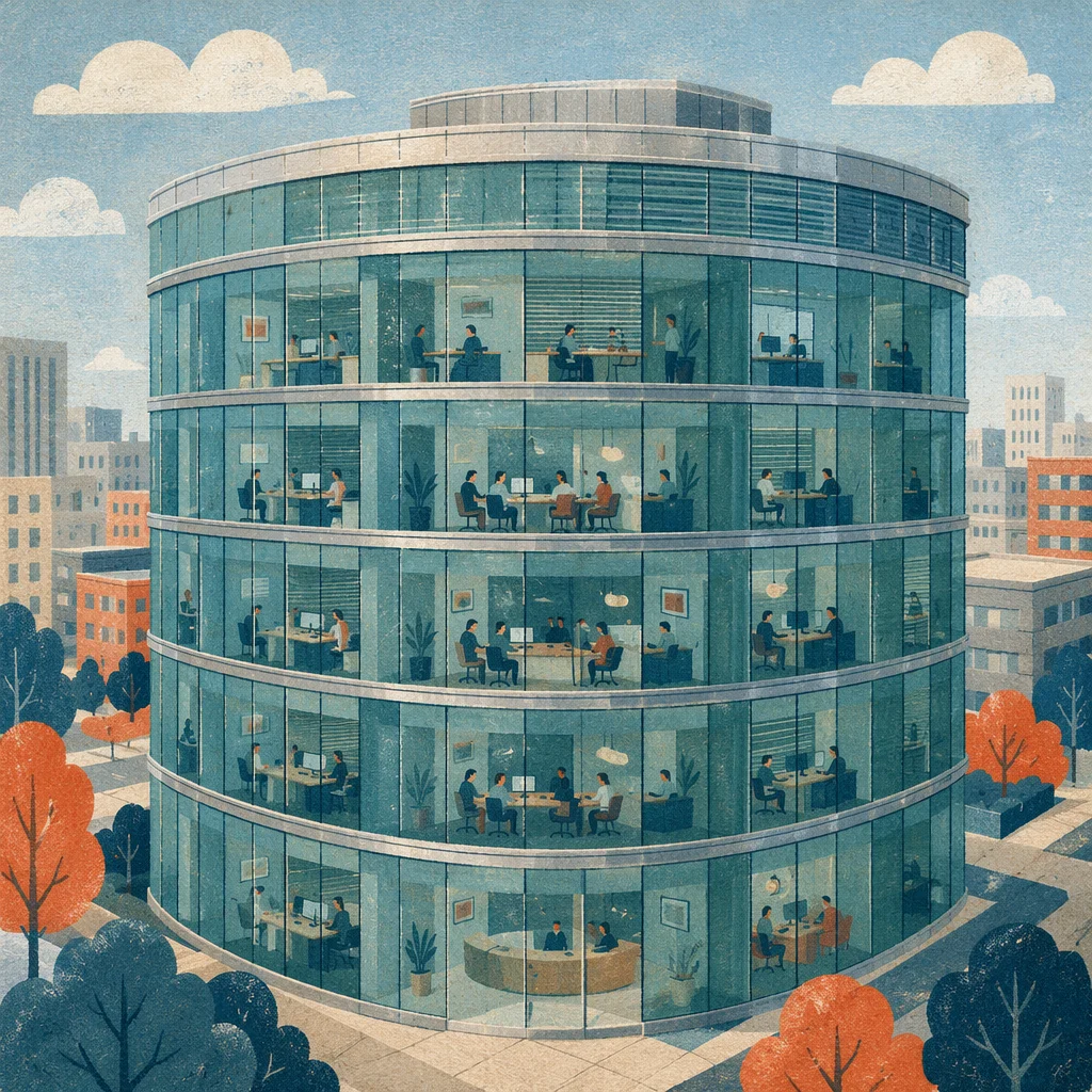 Modern Glass Office Tower with Meeting Rooms