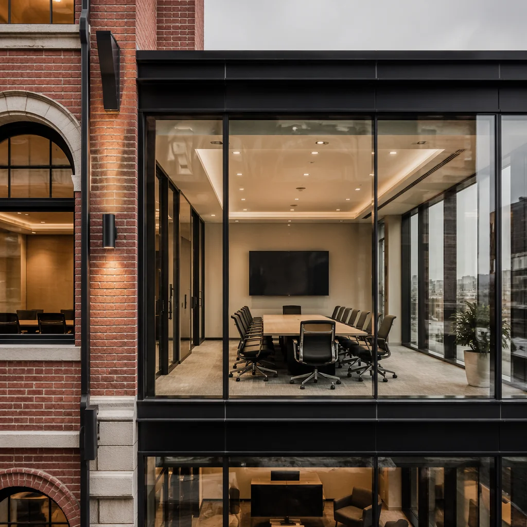 Modern Glass Conference Room in Brick Office