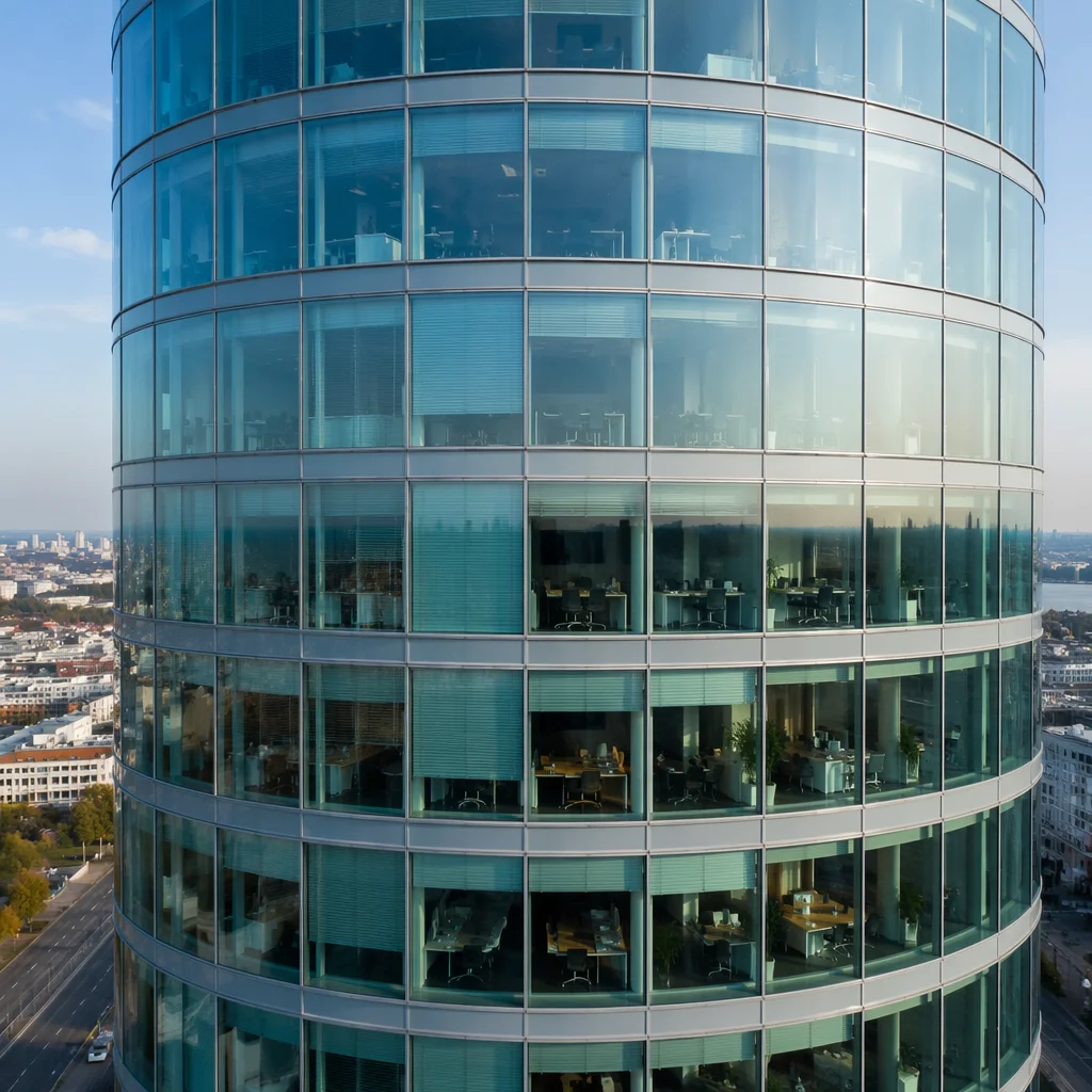 Modern Glass Office Tower with Meeting Rooms