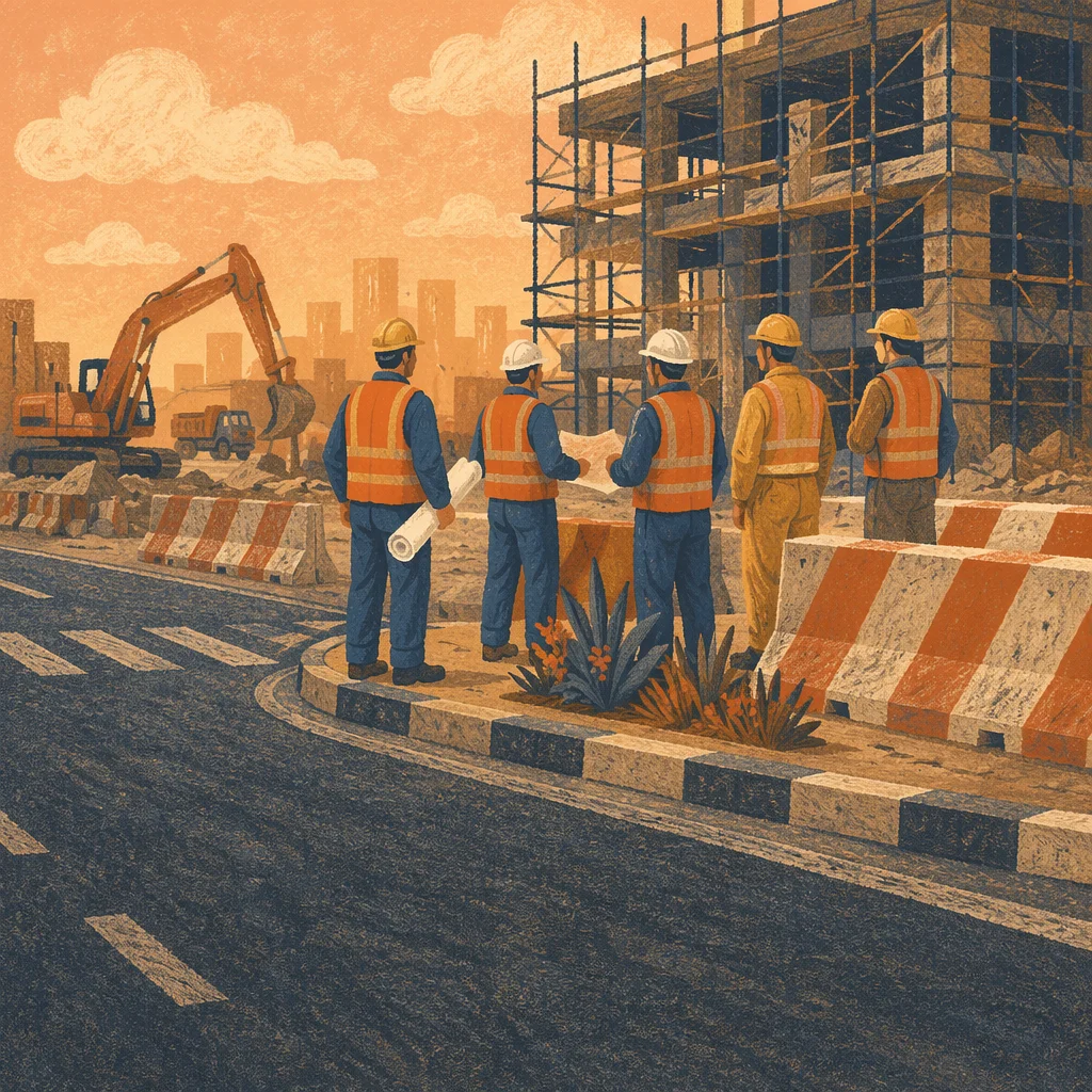 Road Workers Planning Beside Urban Construction Site