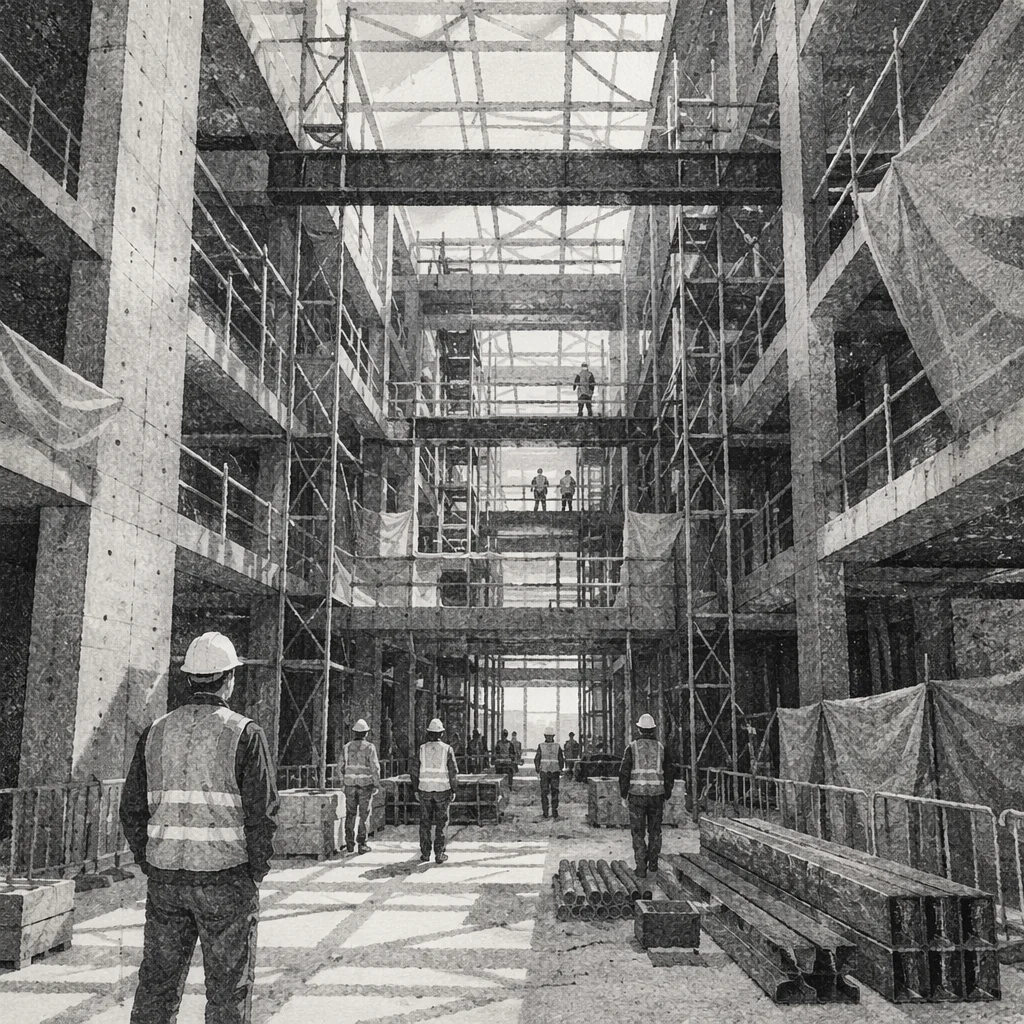 Hard Hat Workers in Commercial Construction Atrium