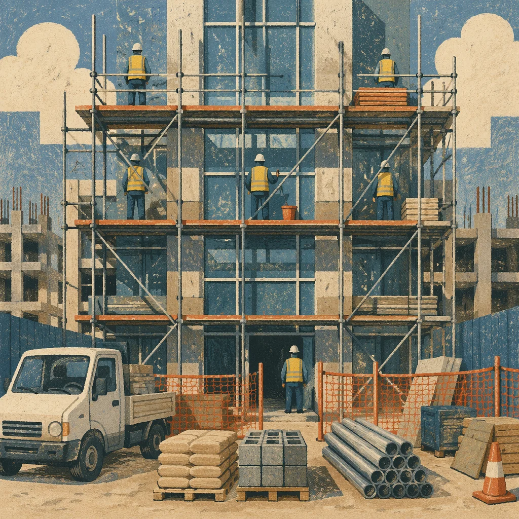 Construction Workers on Modern Scaffolding