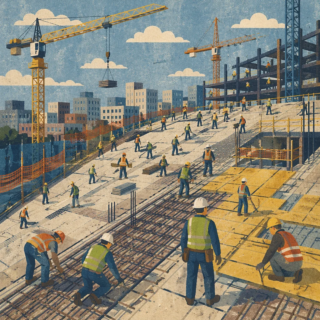 Urban Construction Workers on Concrete Roof Deck