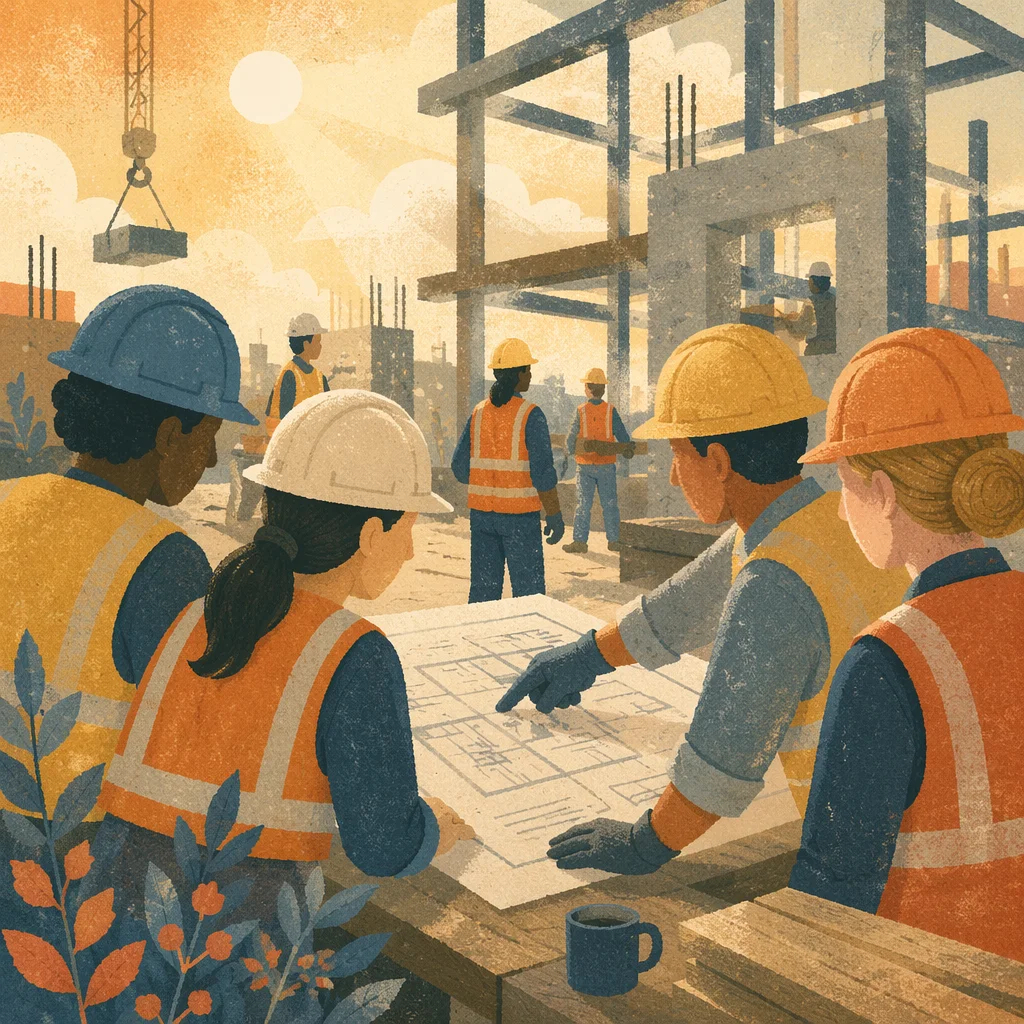 Construction Team Reviewing Plans at Sunrise