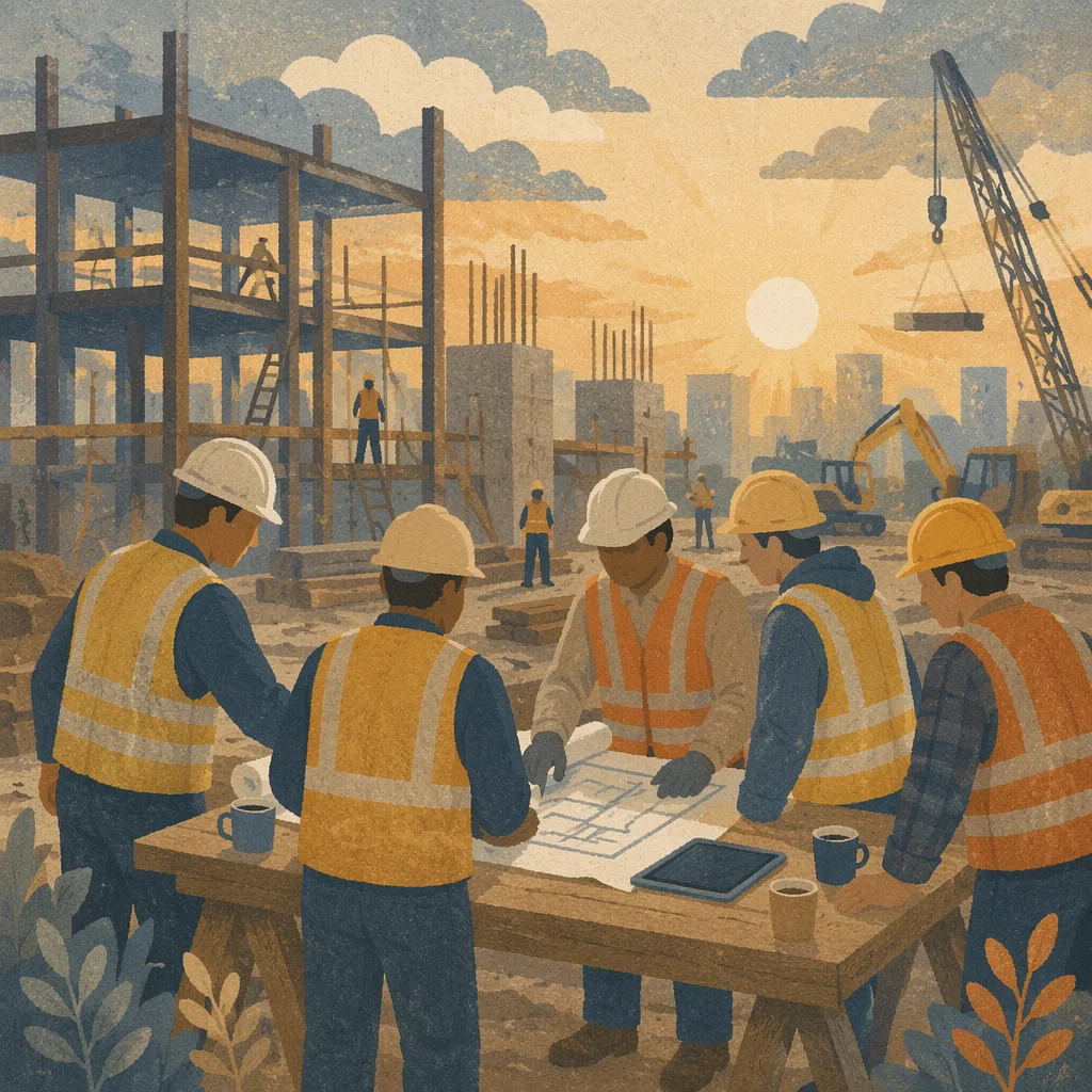 Construction Workers Planning at Sunrise