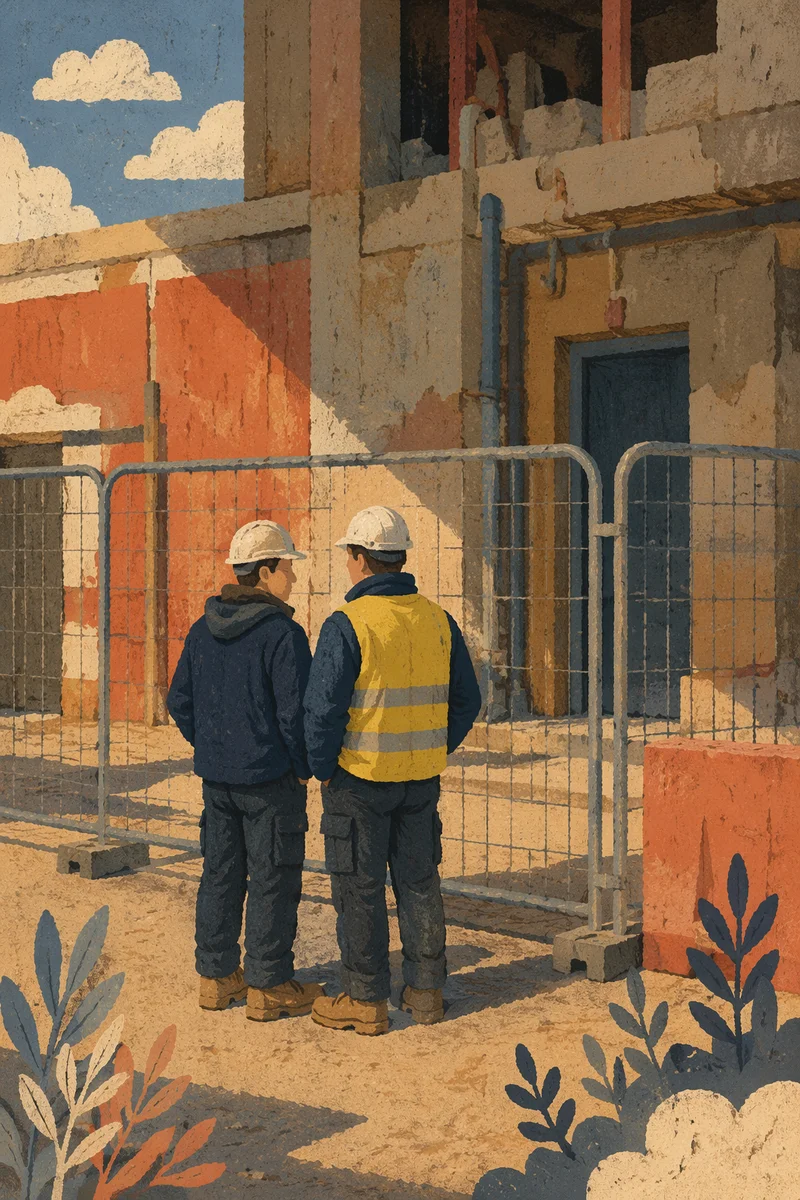 Construction Workers by Urban Safety Fence