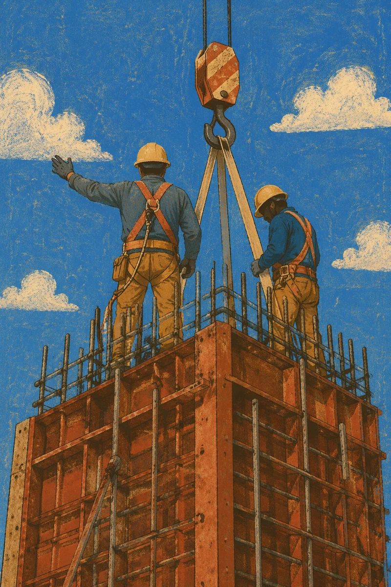 Construction Workers on High Rebar Framework