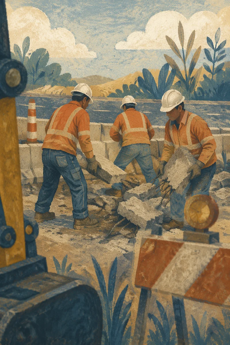 Construction Workers Clearing Roadside Concrete Debris