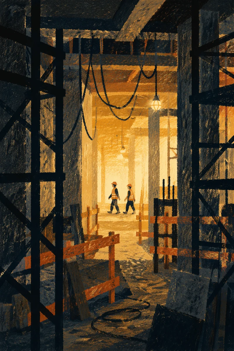 Night Construction Workers in Unfinished Commercial Building