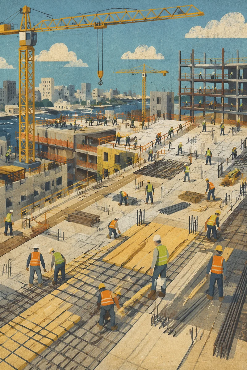 Urban Construction Workers on Industrial Roof Deck