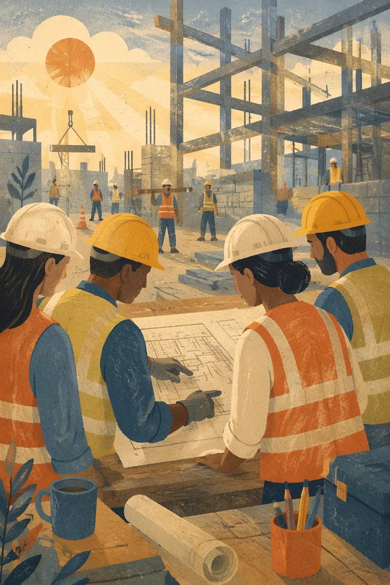 Construction Team Reviewing Plans at Sunrise