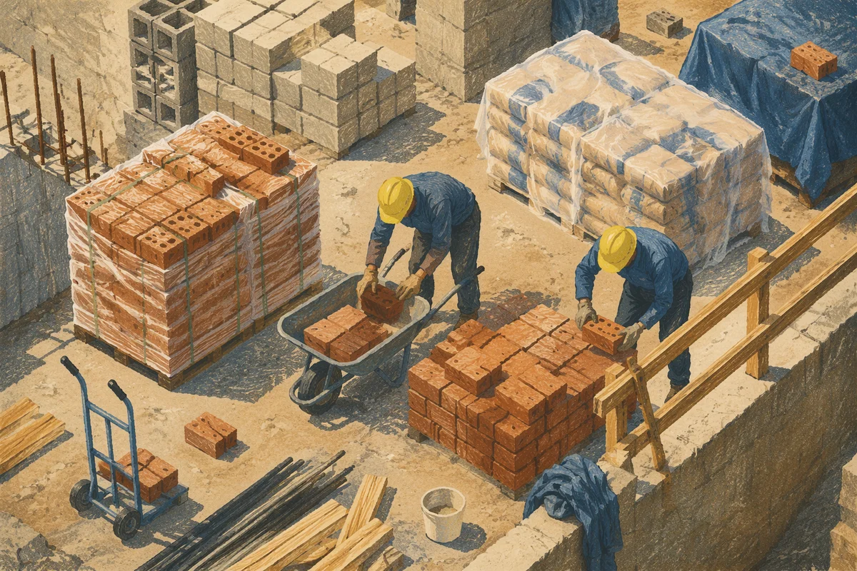 Construction Workers Staging Bricks in Sunlight