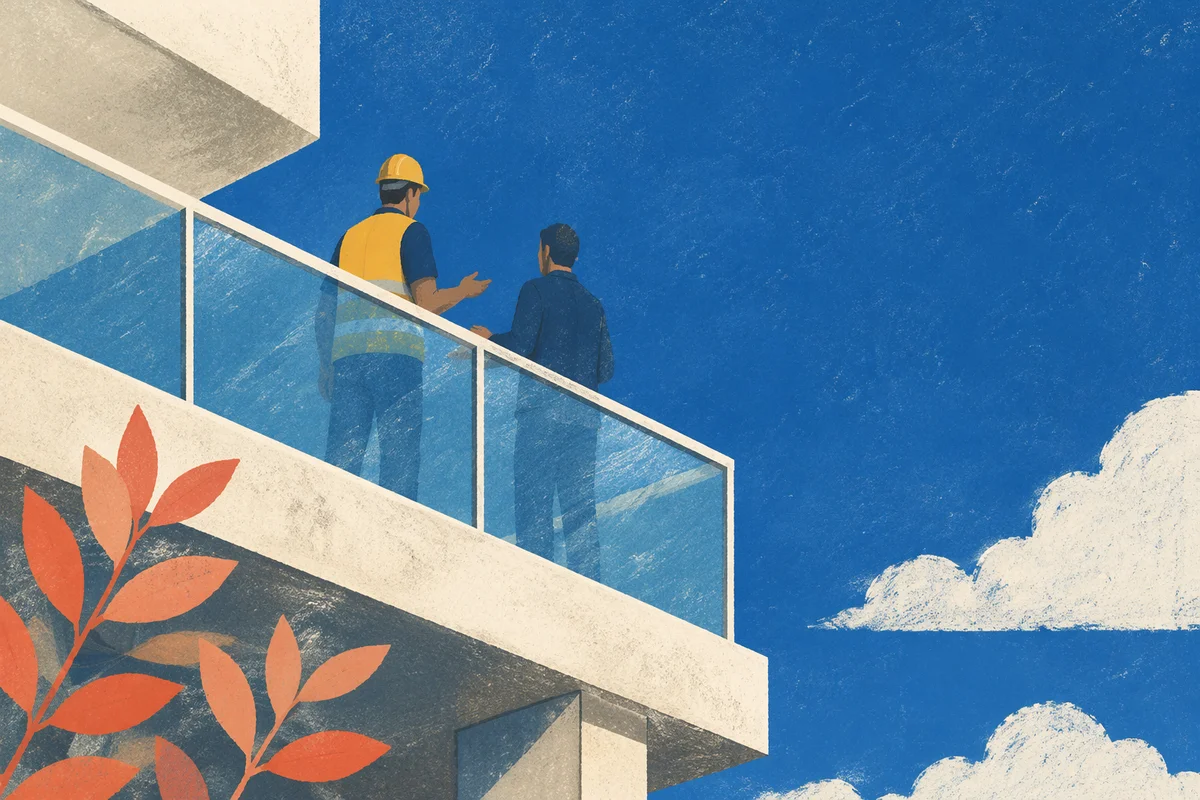 Construction Workers Discuss Project Above Glass Railing