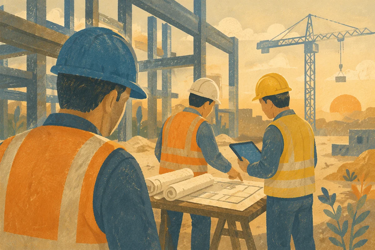 Construction Workers Reviewing Plans at Sunrise