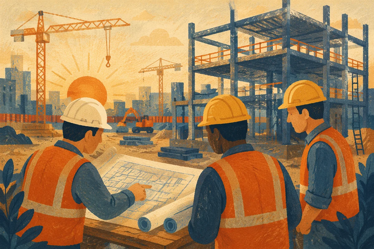 Construction Workers Reviewing Blueprints at Sunrise