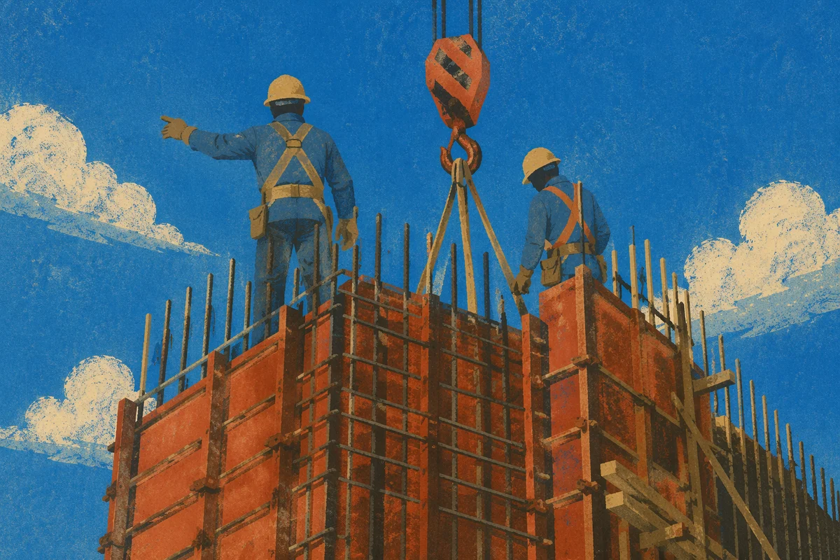 Construction Workers on High Rebar Framework