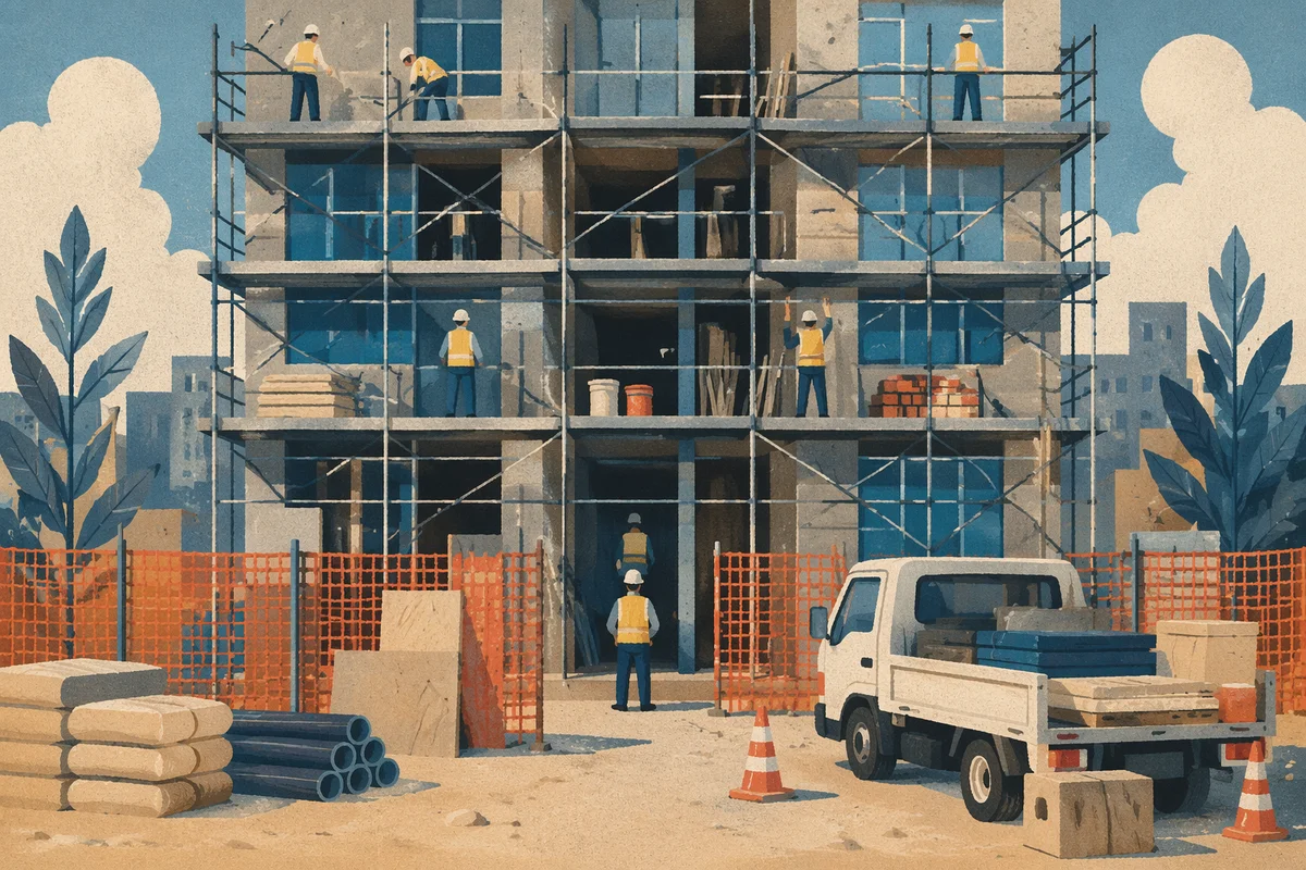 Construction Workers on Urban Scaffolding