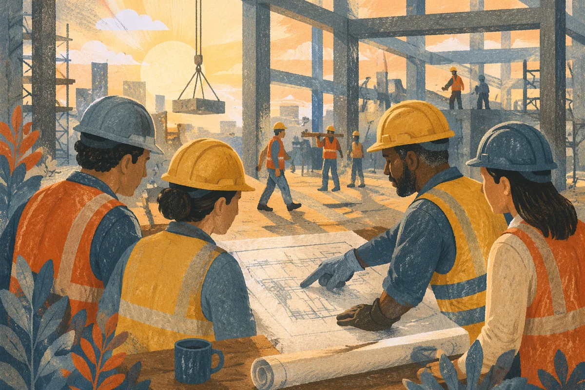 Construction Team Reviewing Plans at Sunrise
