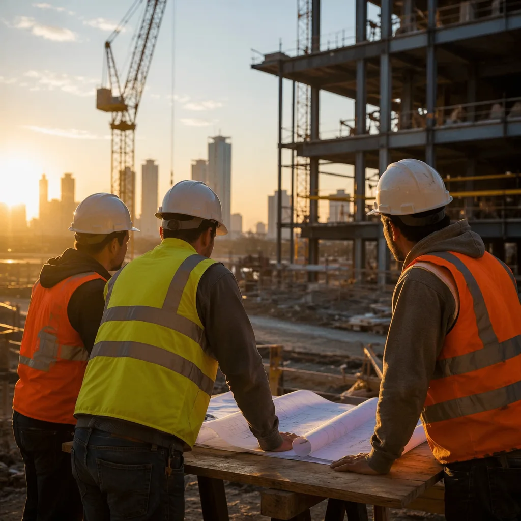 Sunrise Construction Planning Meeting with Hard Hats
