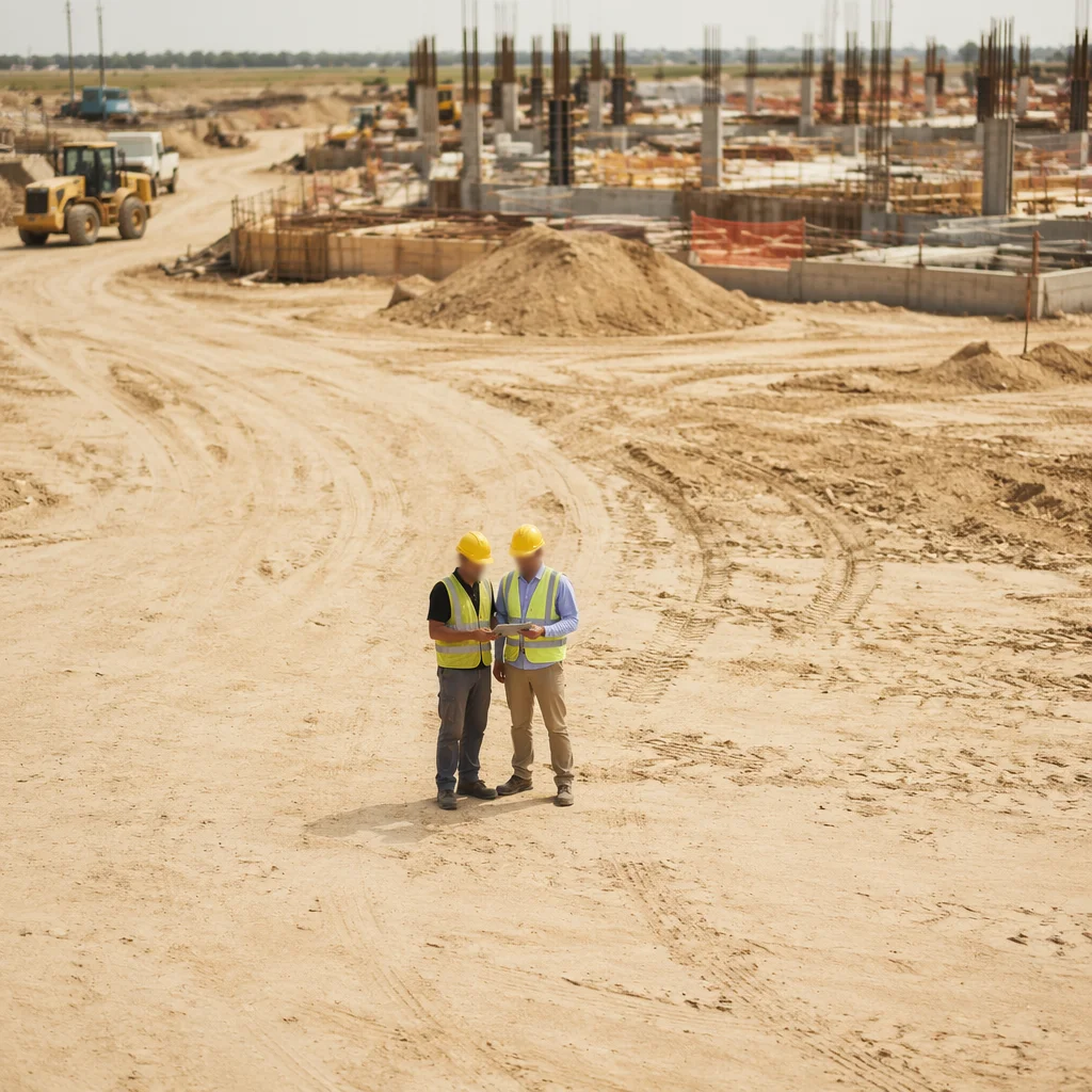 Construction Workers Reviewing Plans on Site