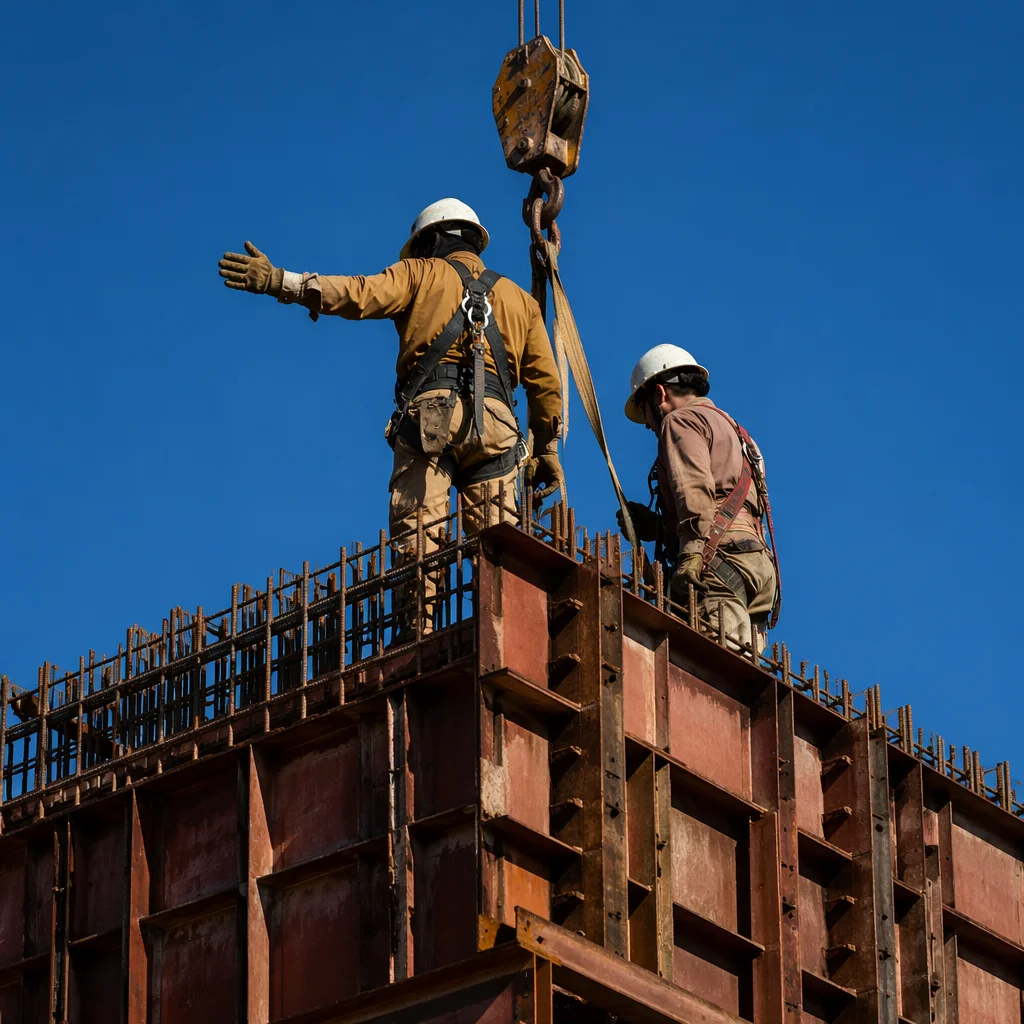 Construction Workers on High Rebar Framework