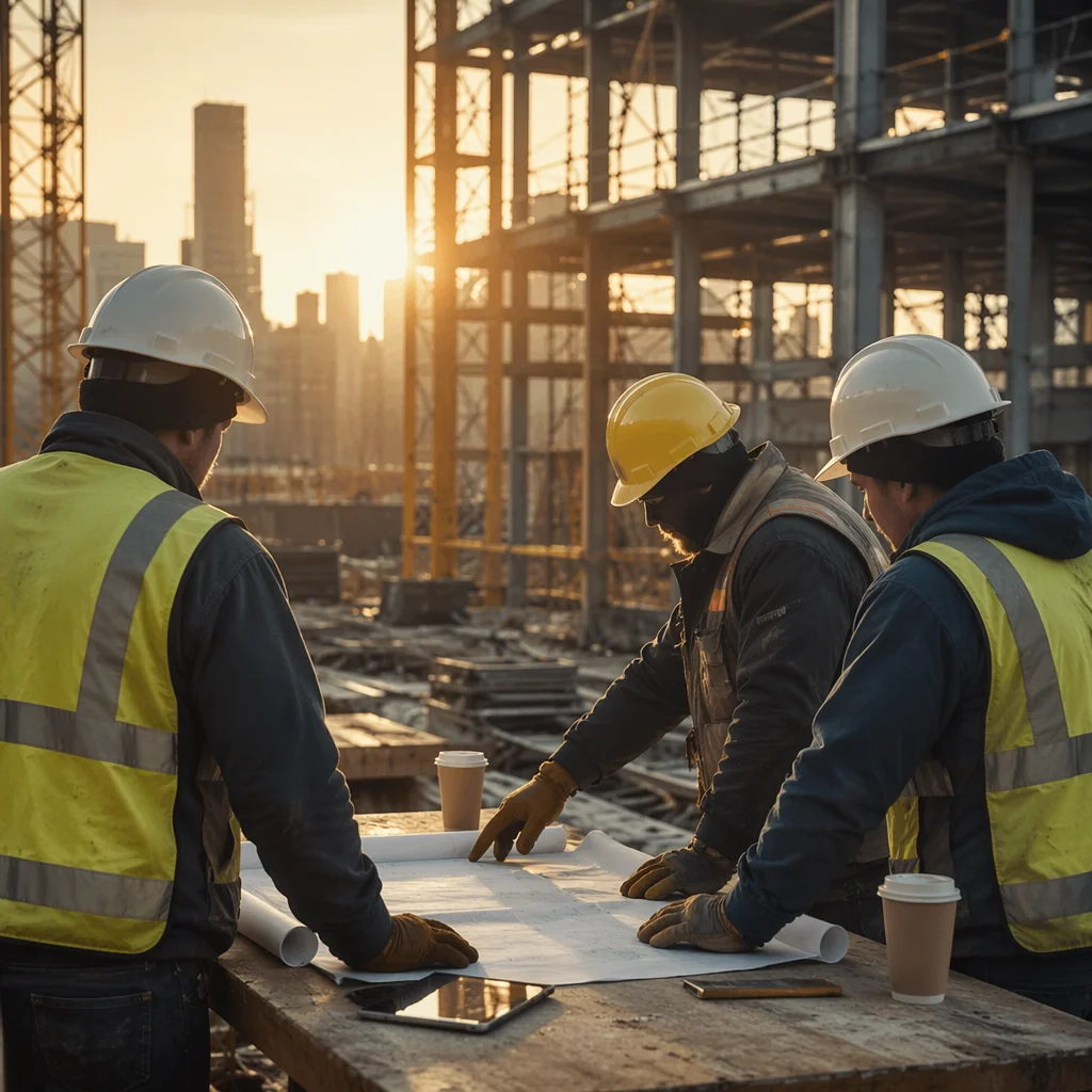 Construction Team Reviewing Morning Site Blueprints