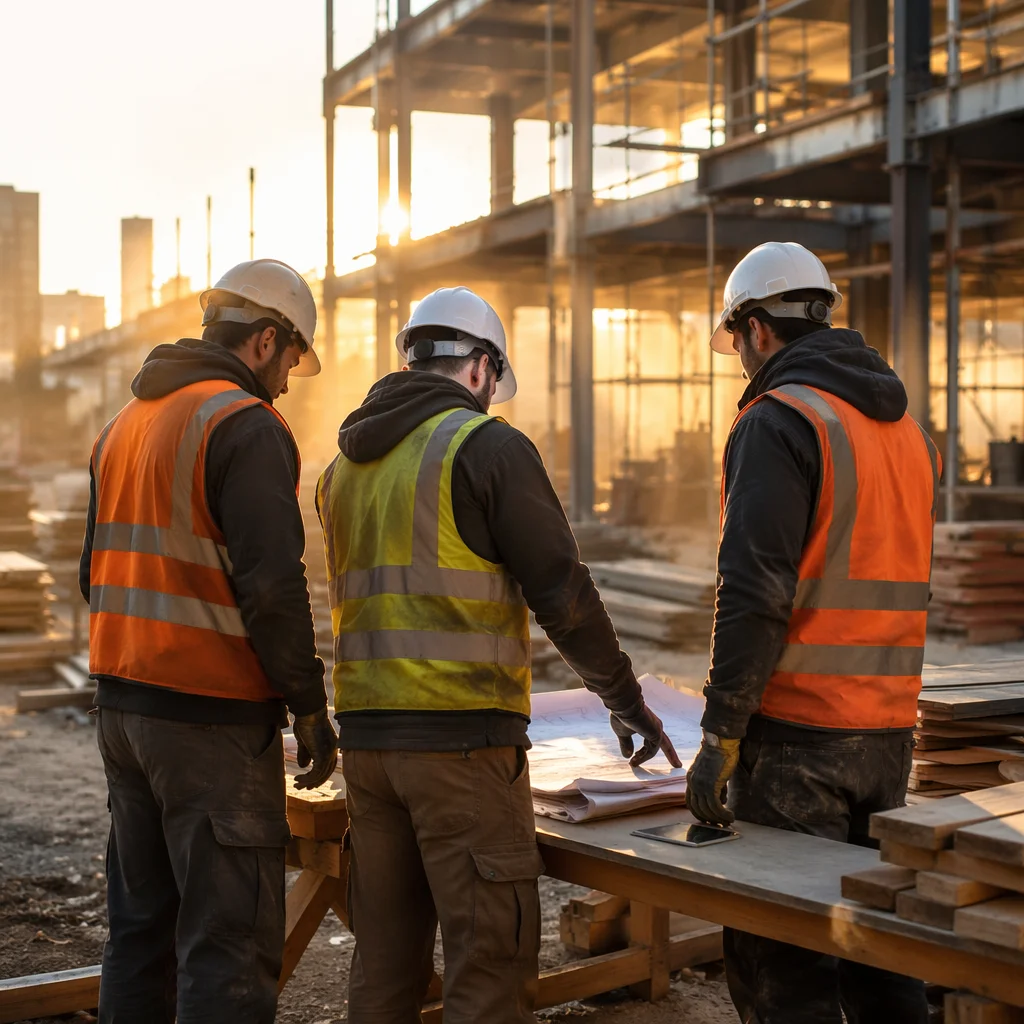 Construction Workers Planning at Sunrise Site