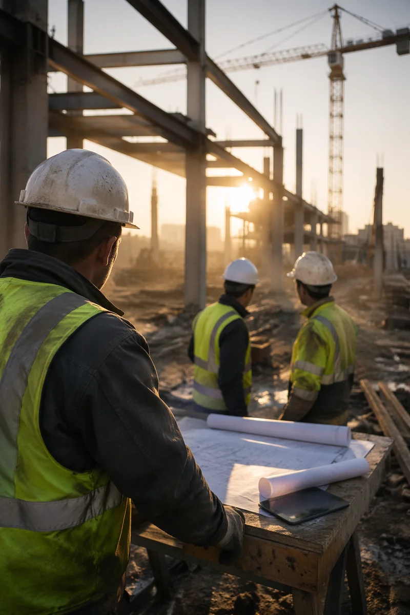 Construction Team Reviewing Plans at Sunrise