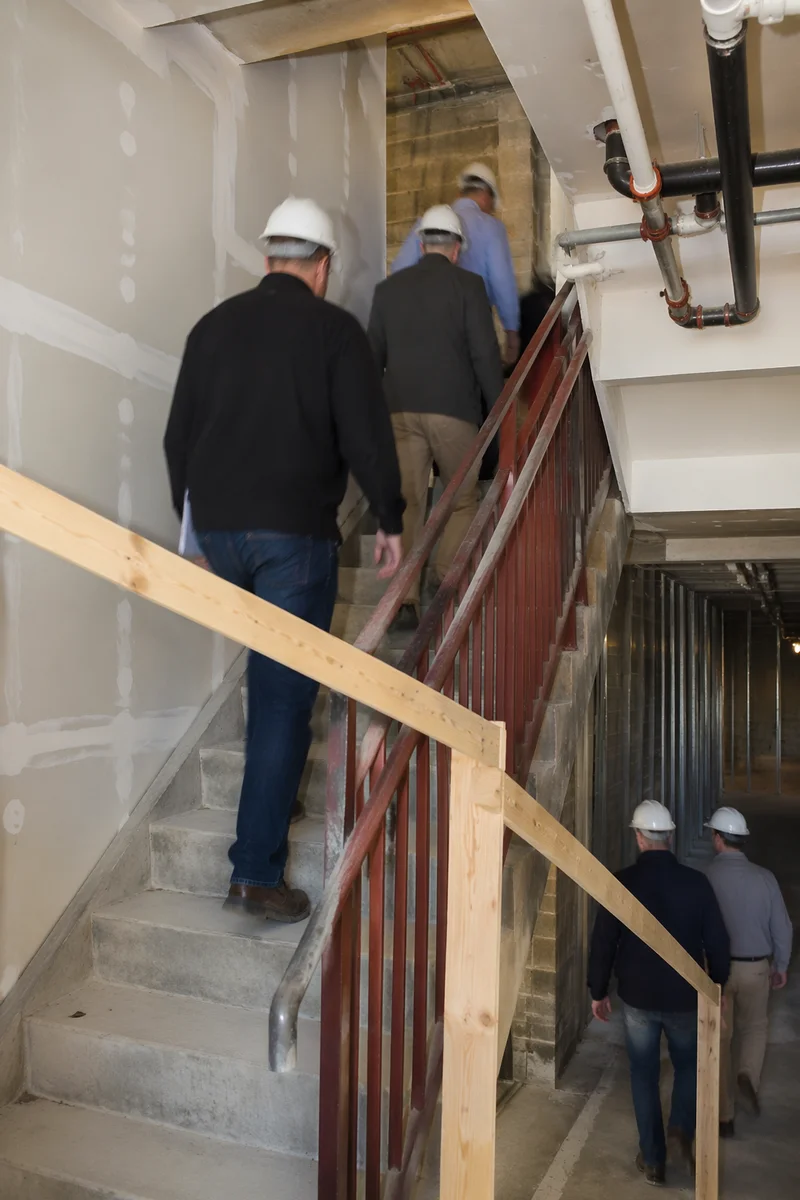 Construction Inspectors Walking Through Unfinished Stairwell