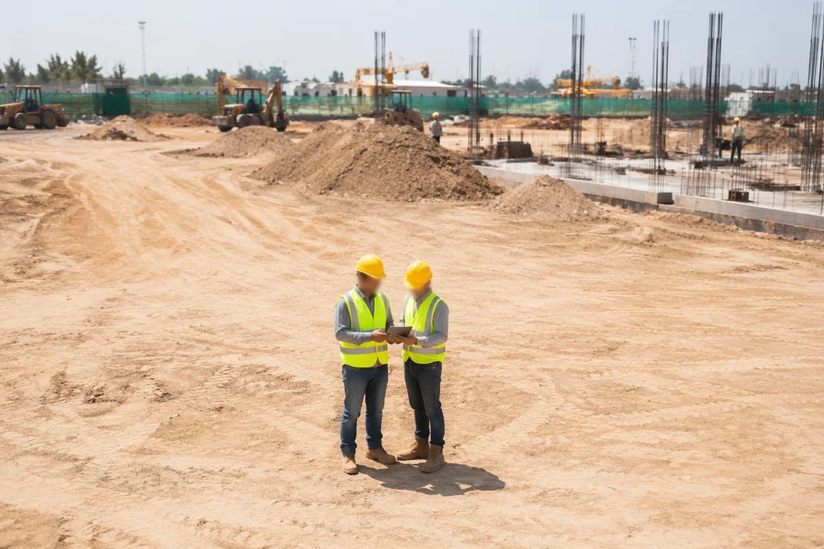 Construction Workers Reviewing Plans on Building Site
