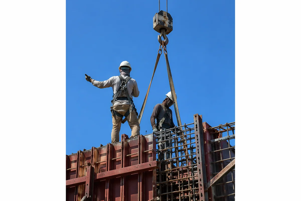 Construction Crew on High Rebar Framework