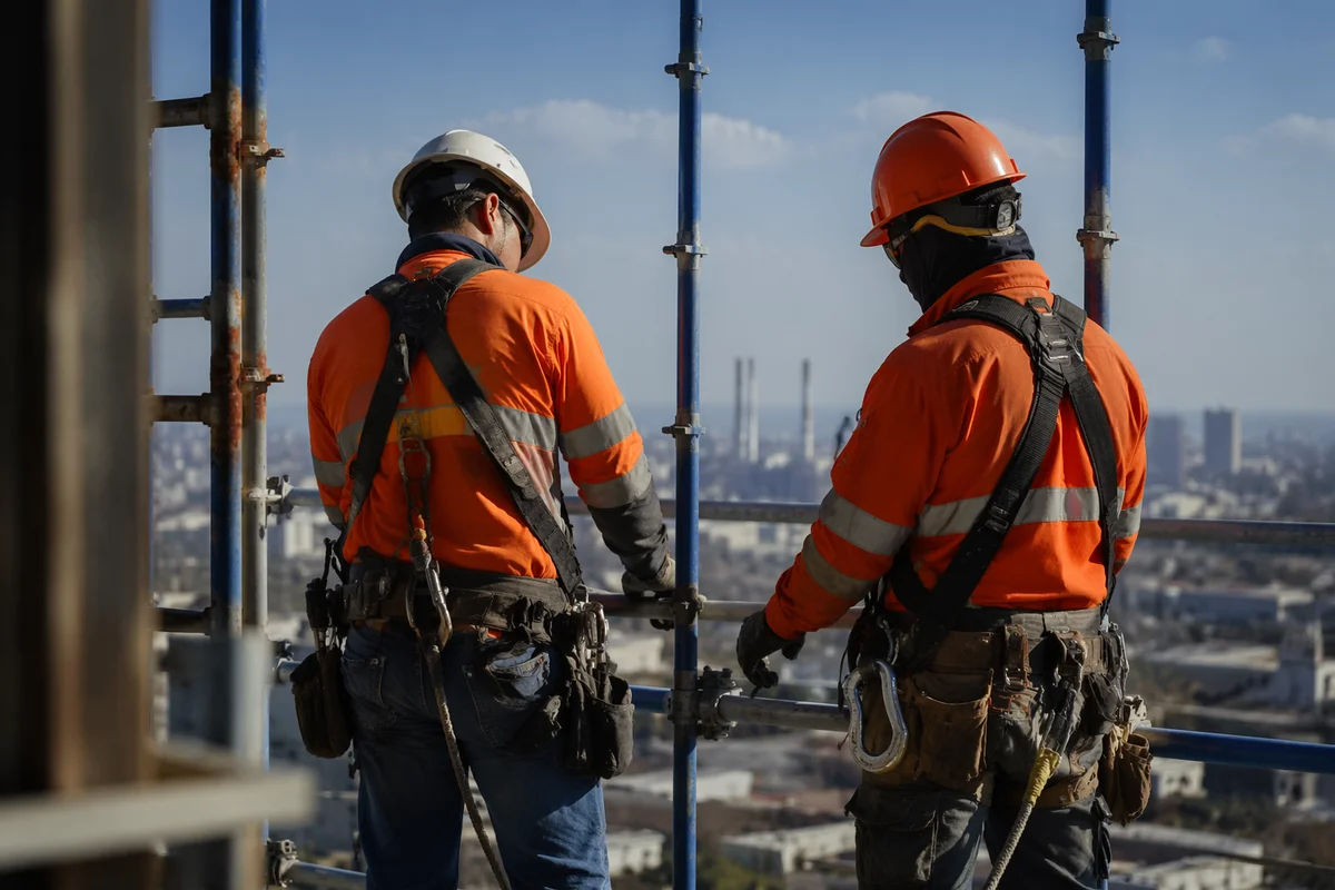 Construction Workers on Elevated Scaffold Site