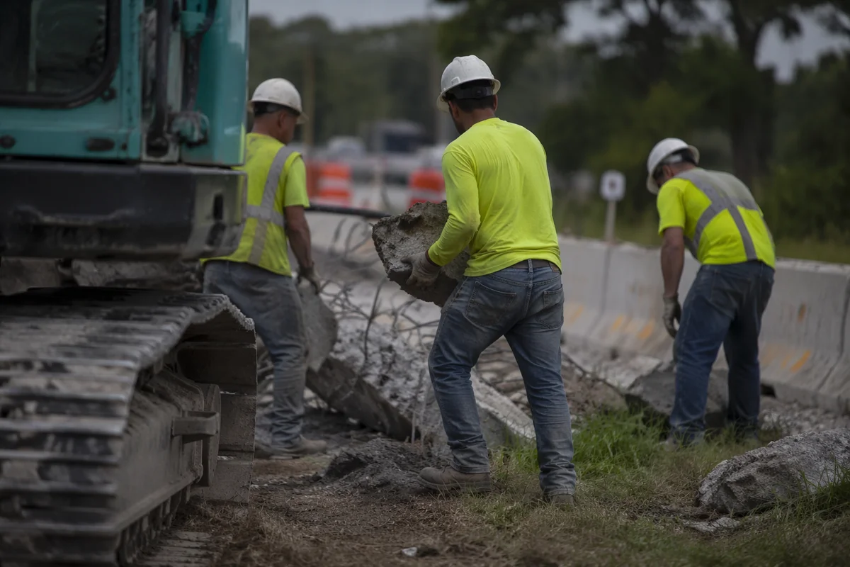 Construction Workers Clearing Roadside Concrete Debris