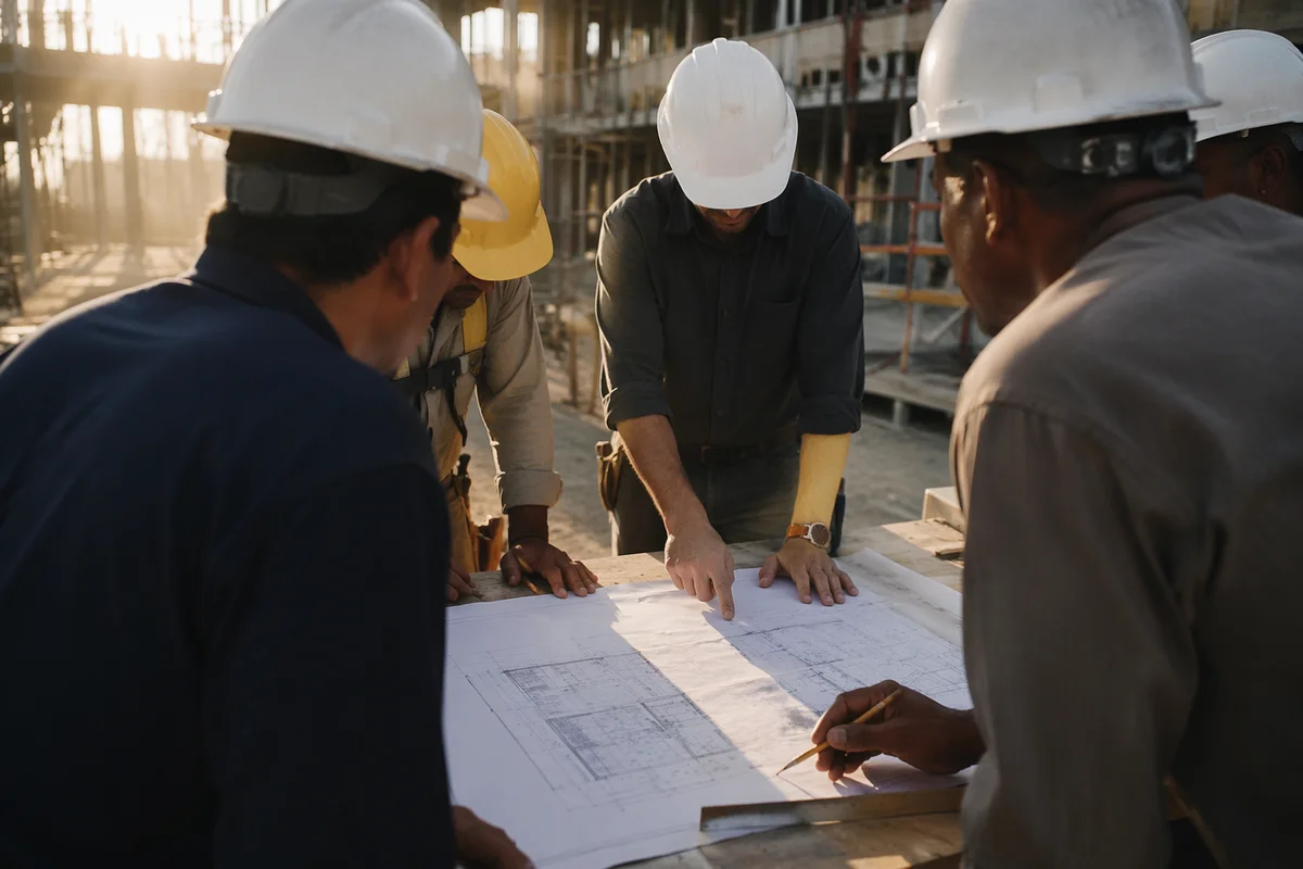 Construction Team Reviewing Morning Blueprint Plans