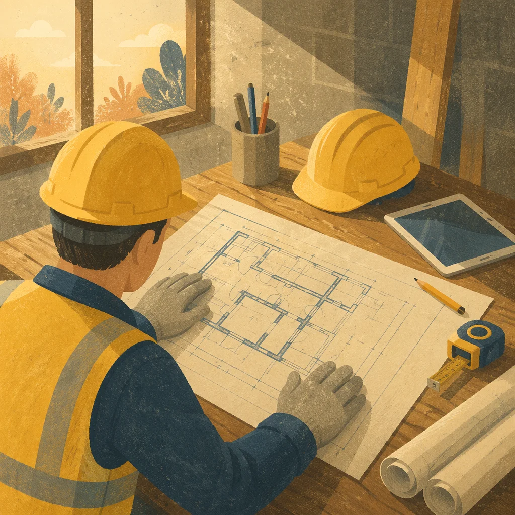 Construction Worker Reviewing Blueprints in Site Office