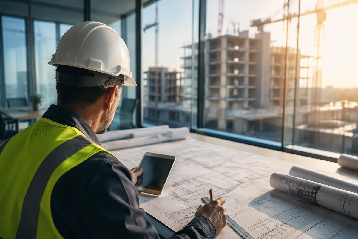 Construction Worker Reviewing Blueprints at Sunrise