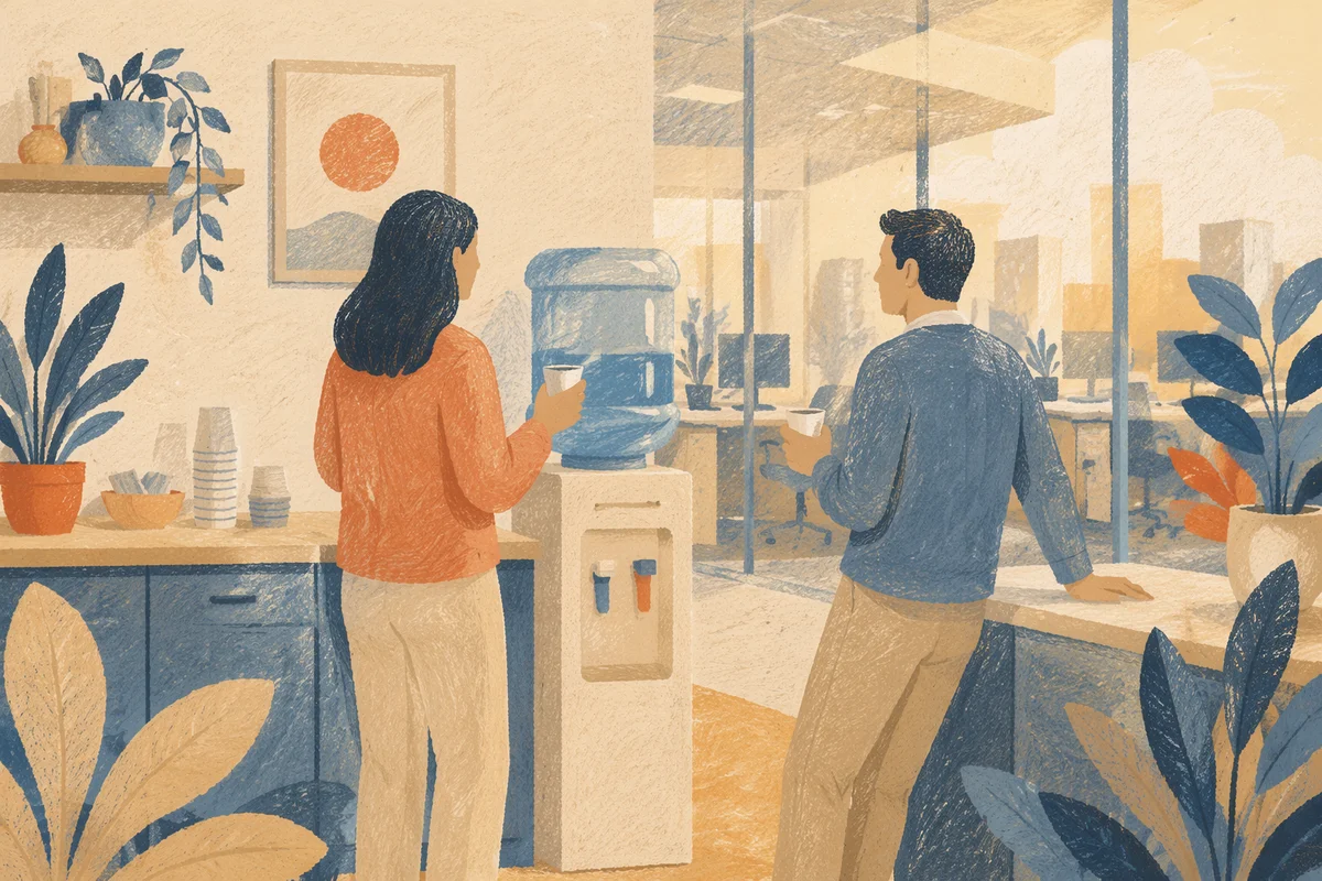 Coworkers Chatting at Office Water Cooler